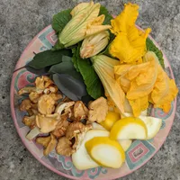 A spread of foraged and home-grown food laid out on a table