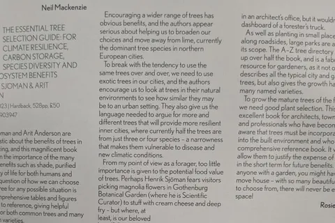 The printed review in Scottish Forestry, with the book's cover alongside Rosie's byline